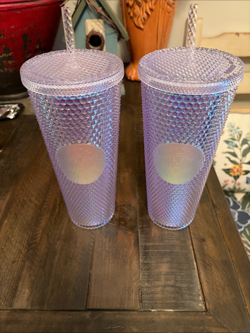 2 shimmery Starbucks tumblers, plastic